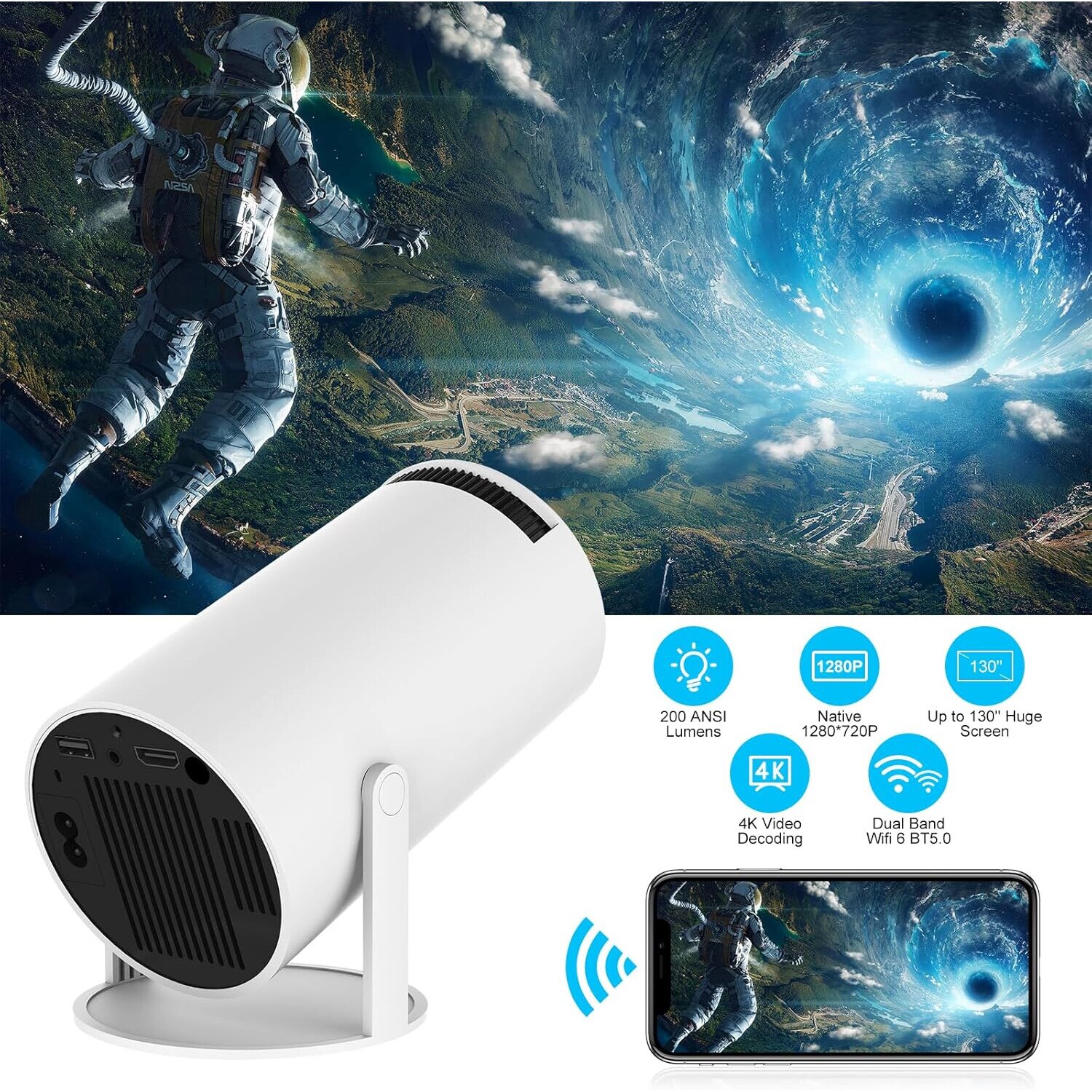 Jfyu Преносим смарт видео проектор, JFYU, 4K Ultra HD поддръжка, 1280x720p ...
