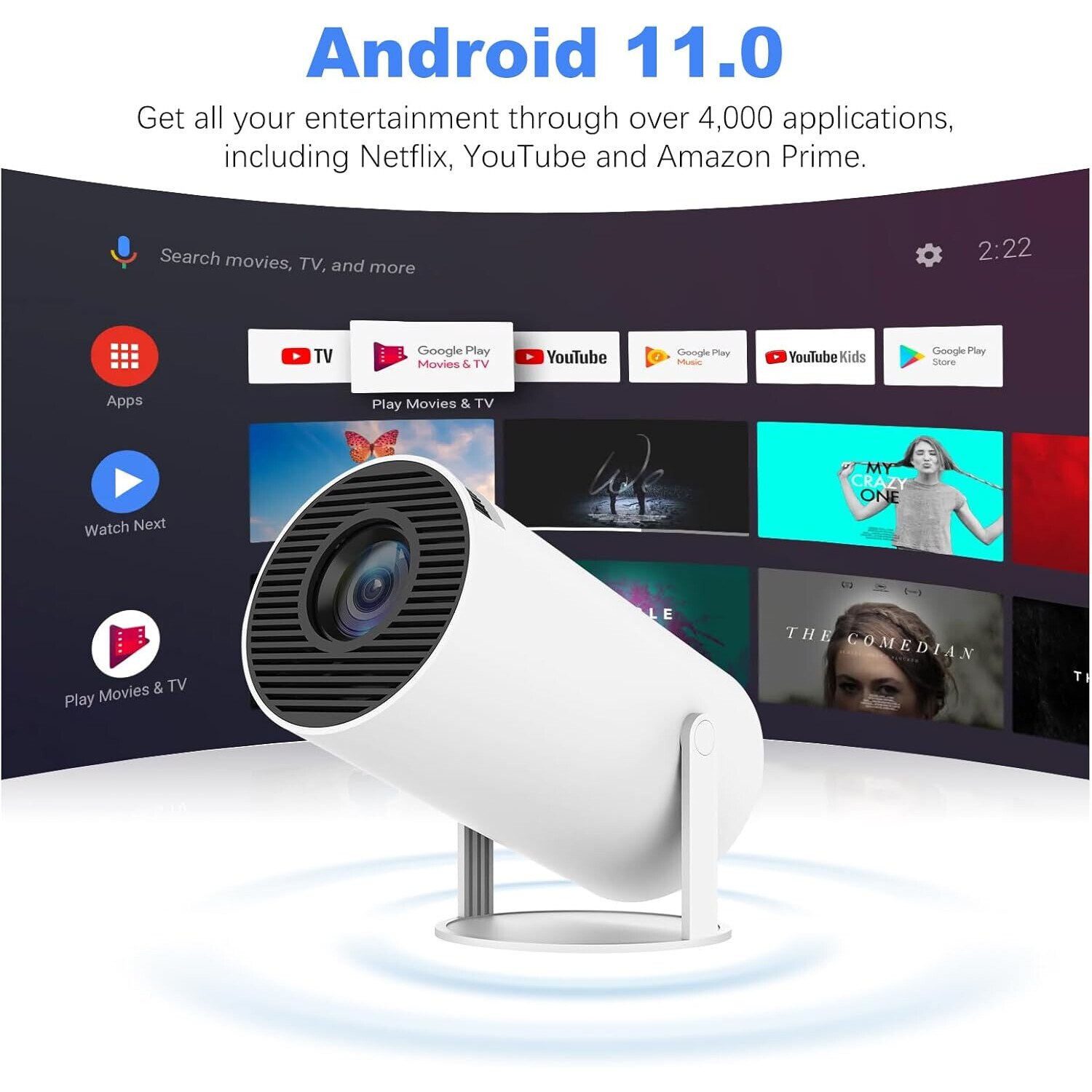 Jfyu Преносим смарт видео проектор, JFYU, 4K Ultra HD поддръжка, 1280x720p ...