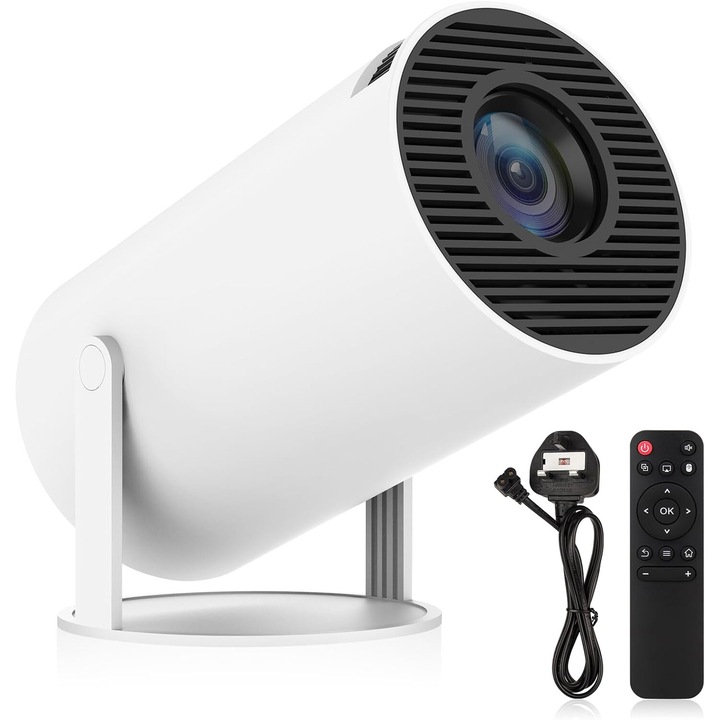Преносим смарт видео проектор, JFYU, 4K Ultra HD поддръжка, 1280x720p резолюция, WiFi6, Bluetooth 5.0, Android 11, с дистанционно управление, автоматична корекция на изображението, преносим, 180 градуса ротация, вграден високоговорител, бял