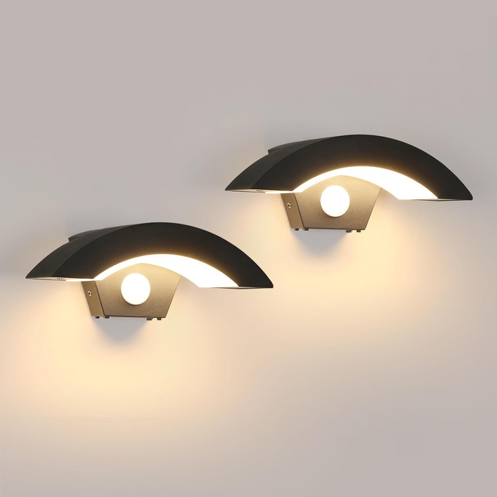 Комплект от 2 броя, LED стенна лампа, Mckalen, 12 W, външен LED детектор за движение, водоустойчив IP65, черен, U дизайн, за вила, веранда, алея, градина, балкон