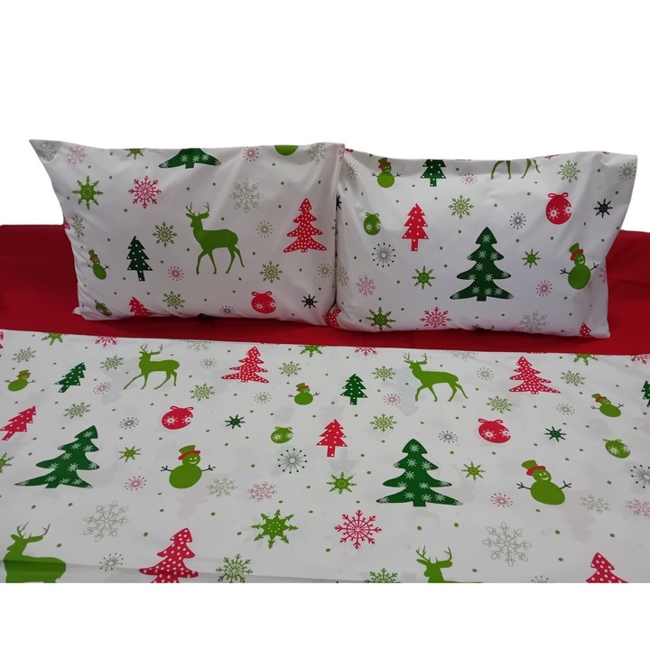 Lenjerie de pat, 4 piese, bumbac ranforce, alb cu rosu motive Craciun, cearceaf de pat 240x260 cm, cearceaf cu model pilota 200x220 cm, fata de perna 2x 50x70 cm