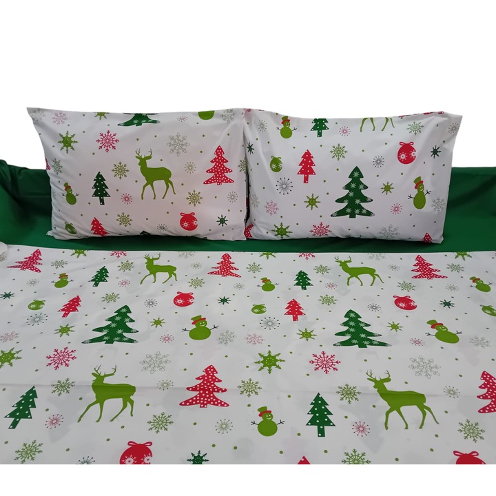 Lenjerie de pat, 4 piese, bumbac ranforce, alb cu verde motive Craciun, cearceaf de pat 140x260 cm, cearceaf cu model pilota 160x200 cm, fata de perna 2x 50x70 cm