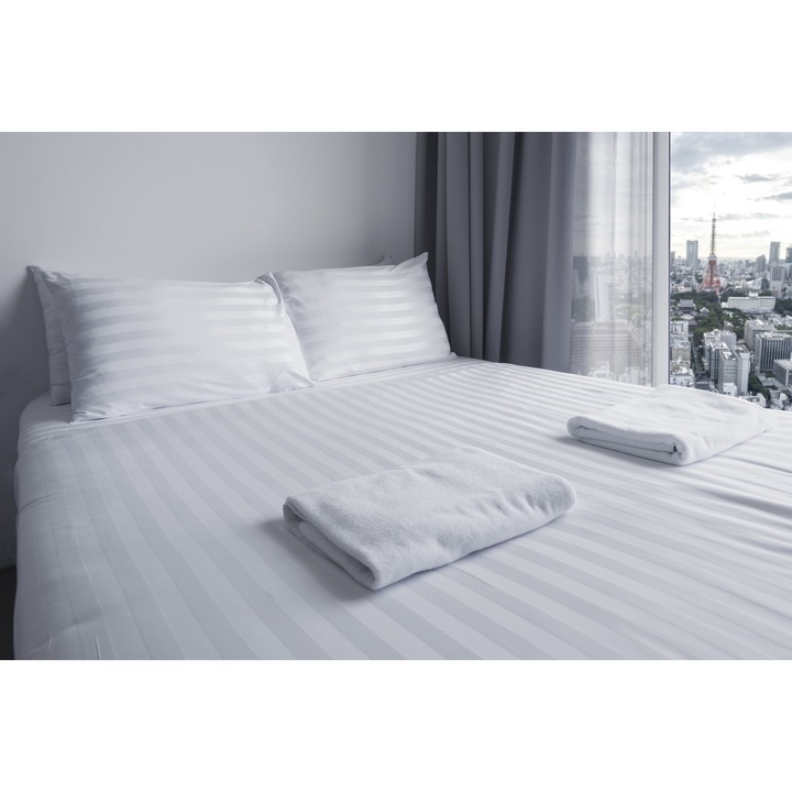 Lenjerie de pat, Bedora, Hotel Line, dubla, 200x220 cm, amestec bumbac, satin, 250 TC, alb, cu dungi 1 cm