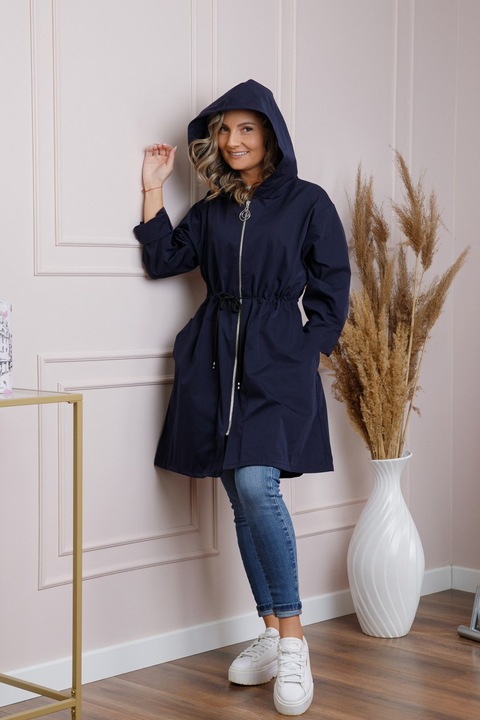 Pardesiu casual bleumarin cu talie ajustabila si gluga, One Size INTL