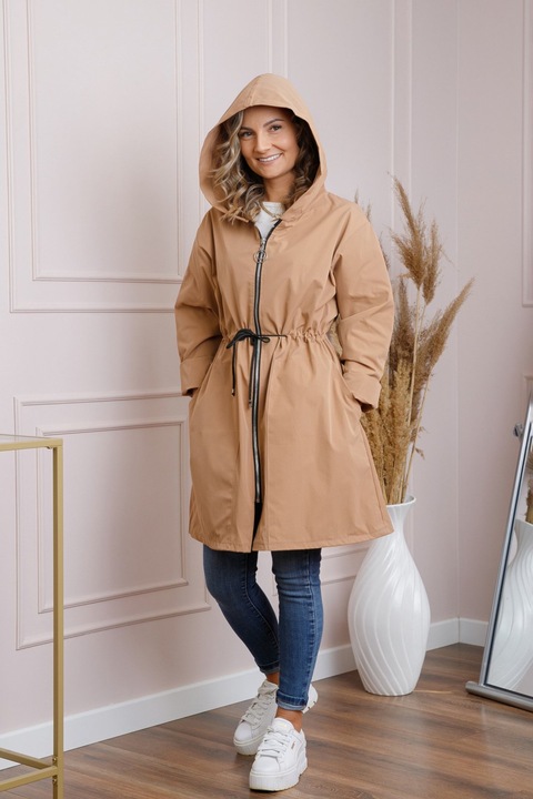 Pardesiu casual camel cu talie ajustabila si gluga, One Size INTL