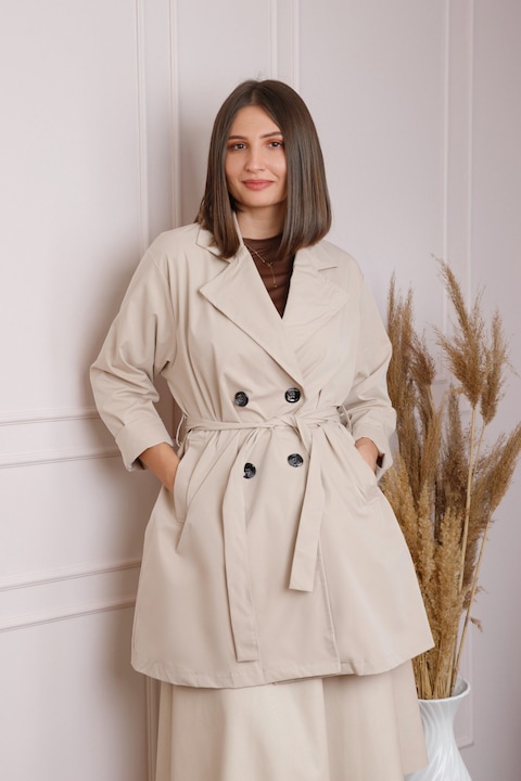 Pardesiu elegant ecru cu cordon si nasturi, One Size INTL