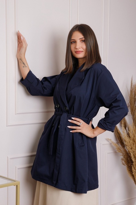 Pardesiu elegant bleumarin cu cordon si nasturi, One Size INTL