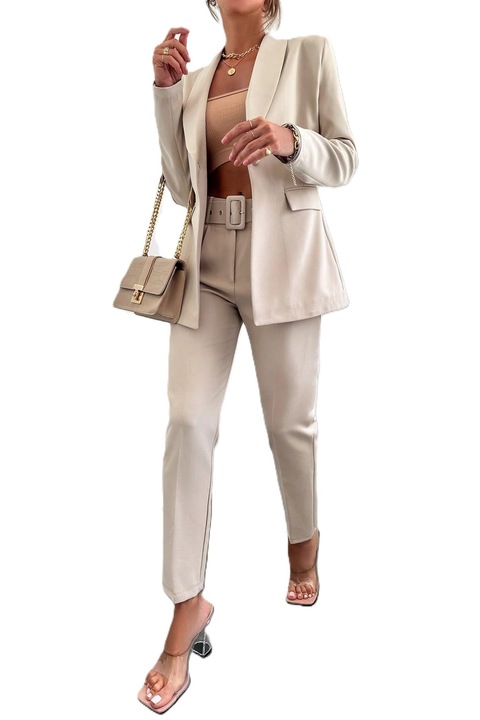 Costum Elegant Dama, Cu Sacou Cu Un Singur Nasture & Pantaloni, Bej
