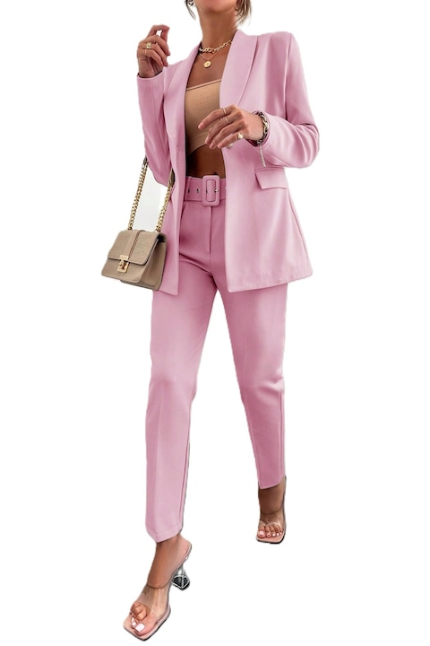 Costum Elegant Dama, Cu Sacou Cu Un Singur Nasture & Pantaloni, Roz pal