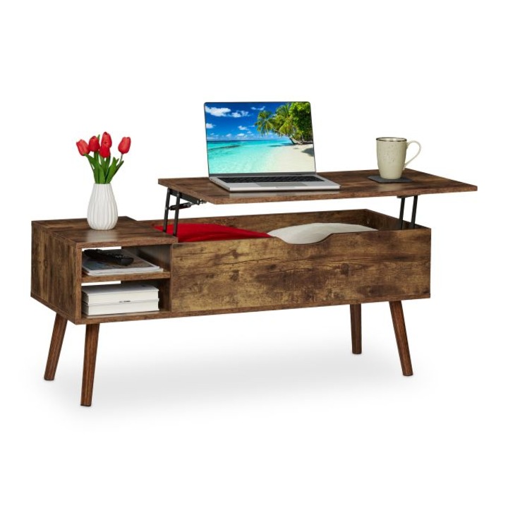 Masuta de cafea pliabila Relaxdays, industriala, PAL, maro, 2 rafturi si spatiu depozitare, 108x40x45 cm