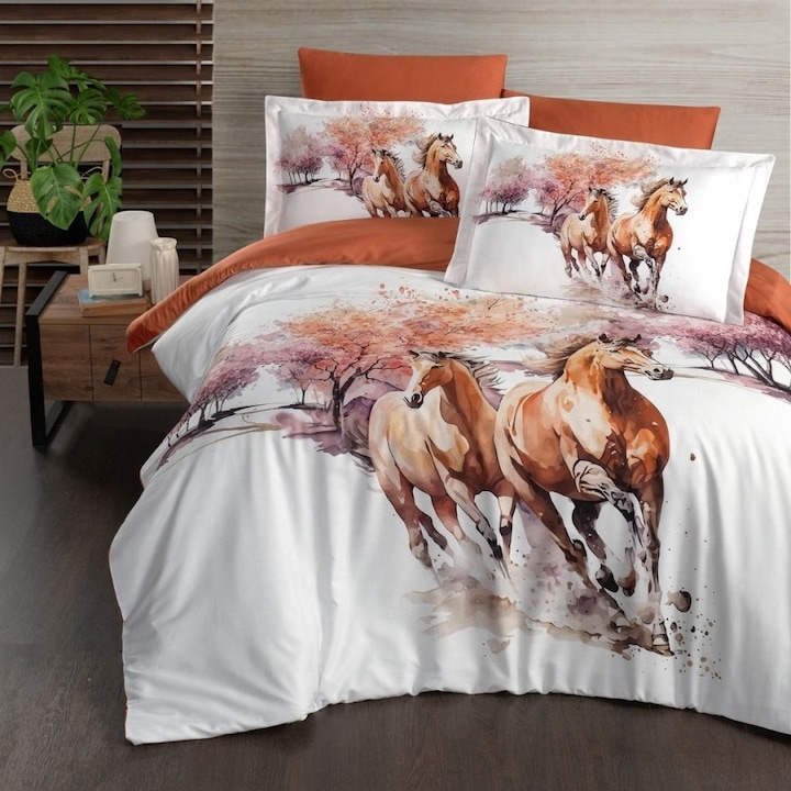 Luxus dupla ágynemű 3D lovakkal, 100% szatén pamut, lepedő 240x260 cm, 6 db, First Choice, Silvan