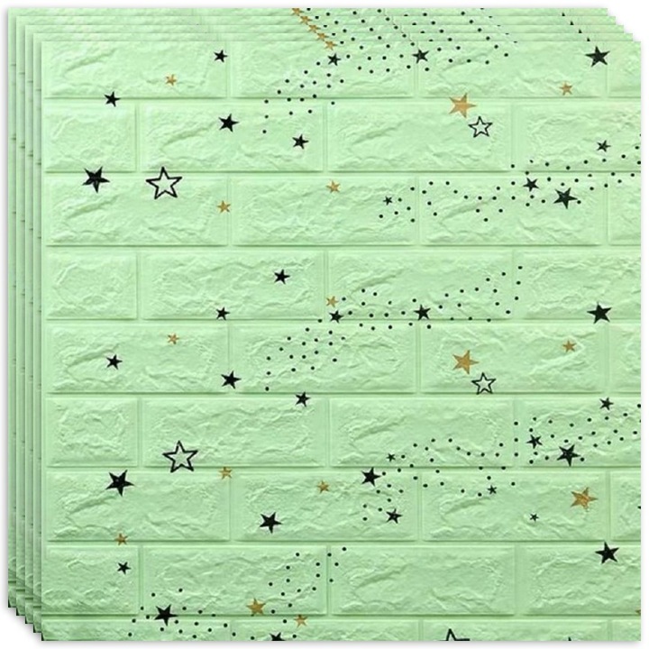 Set 10 x Tapet 3D autoadeziv HOZRO, Model imitatie caramida, acopera o suprafata de 5.39 mp, design modern, foarte usor de montat, Stelute Verde