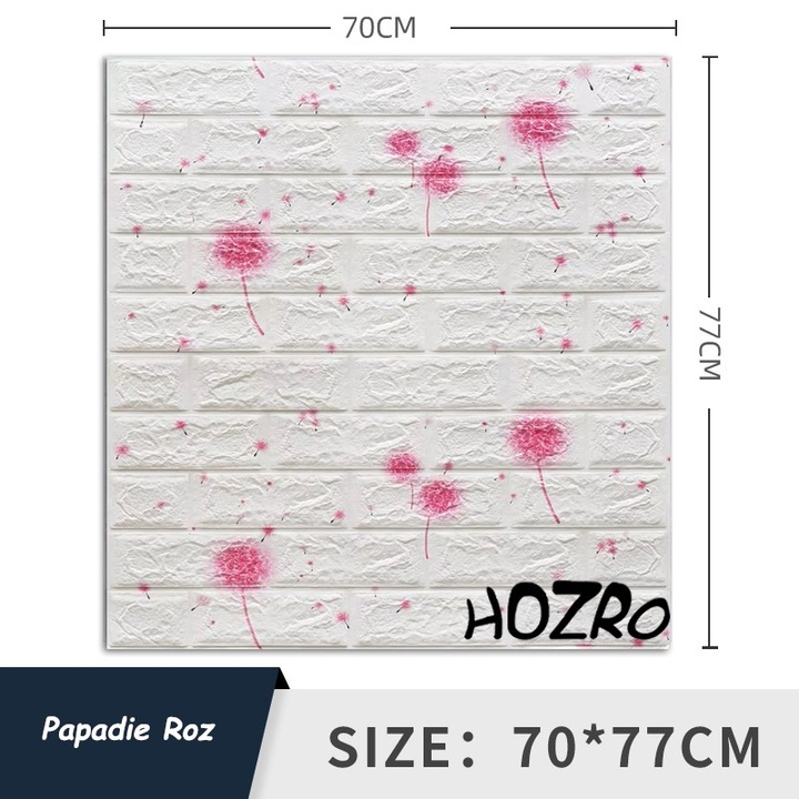 Set 10 x Tapet 3D autoadeziv HOZRO, Model imitatie caramida, acopera o suprafata de 5.39 mp, design modern, foarte usor de montat, Papadie Roz