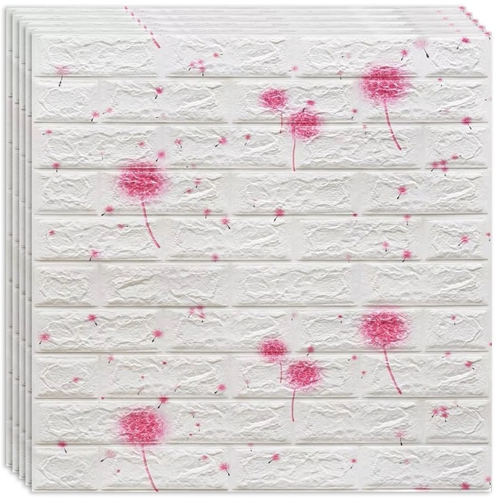 Set 10 x Tapet 3D autoadeziv HOZRO, Model imitatie caramida, acopera o suprafata de 5.39 mp, design modern, foarte usor de montat, Papadie Roz
