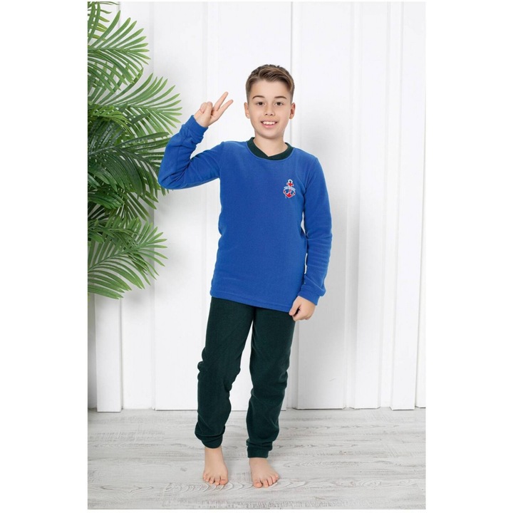 Pijama baieti cocolino, material soft polar moale si calduros, albastru 11 7640, Albastru