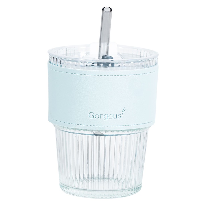 Világoskék üvegpohár, szívószállal és fedéllel