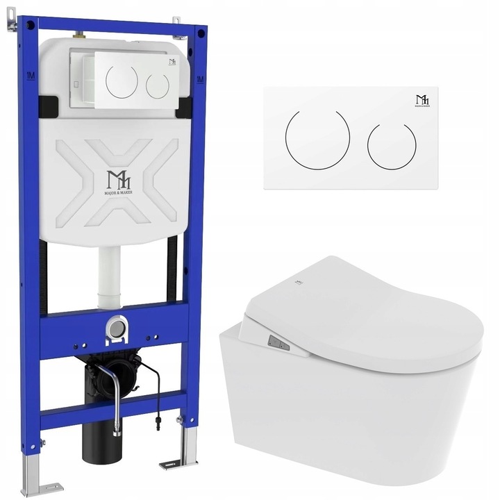 Set 2 In 1 Toaleta Cu Bideu, Major&Maker, Topaz, Cu Suport, Cu Clapeta Coral White, Inchidere Lenta, Uscator Cu Aer, Economisire Apa, Scaun Incalzit, Jeturi Cu Masaj, 950 W, 40.3x38x56 cm, Alb