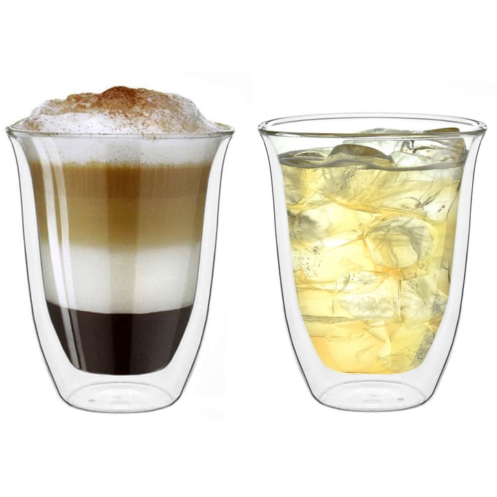 Set 2 cesti, CREANO, Sticla, Pereti dubli, Pentru ceai si cafea, Sticla suflata manual, 400 ml