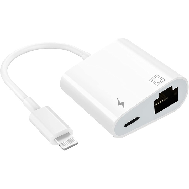 Адаптер за мрежова карта, RJ45 Ethernet LAN мрежов адаптер 2 в 1 с порт за зареждане, съвместим с iPhone/iPad/iPod, Plug and Play, поддръжка на 100Mbps Ethernet мрежа, TOIITKQ, ABS, бял
