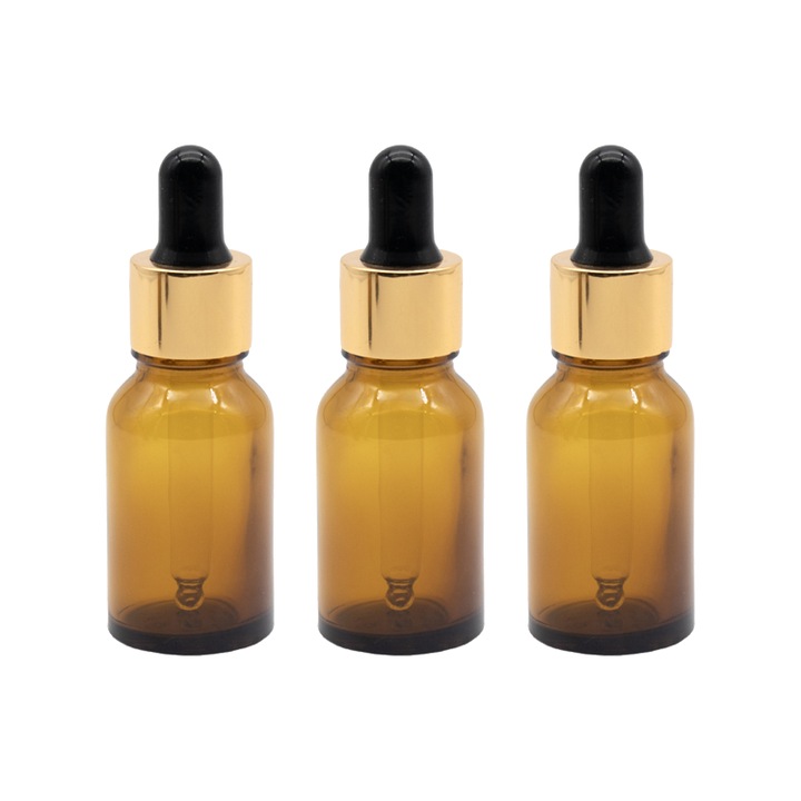 Set 3 bucati recipiente sticla maro 30 ml si pipeta, cauciuc negru, guler auriu, Flory