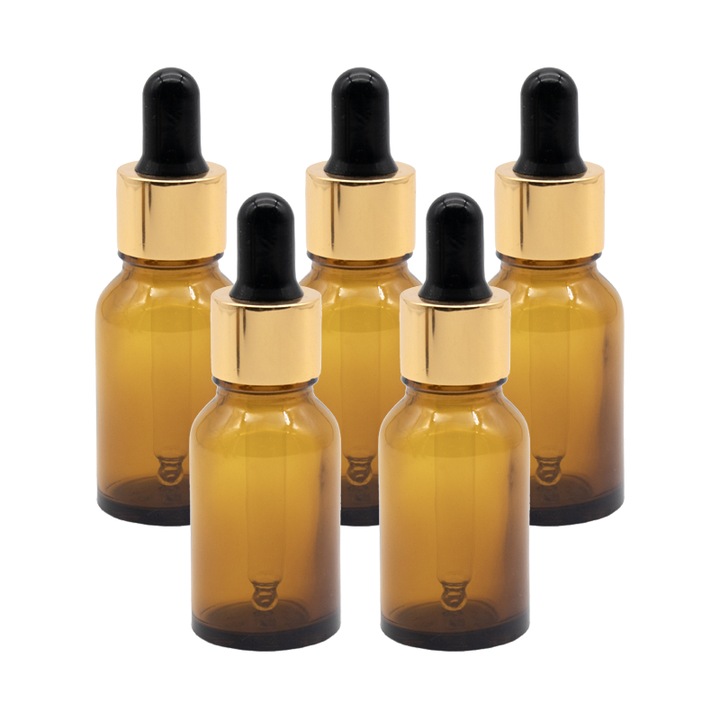 Set 5 bucati recipiente sticla maro 30 ml si pipeta, cauciuc negru, guler auriu, Flory