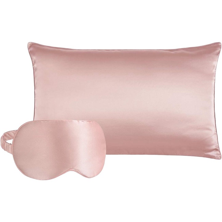 Комплект калъфка за възглавница и маска за очи, AMRINUGL, черничева коприна, розово