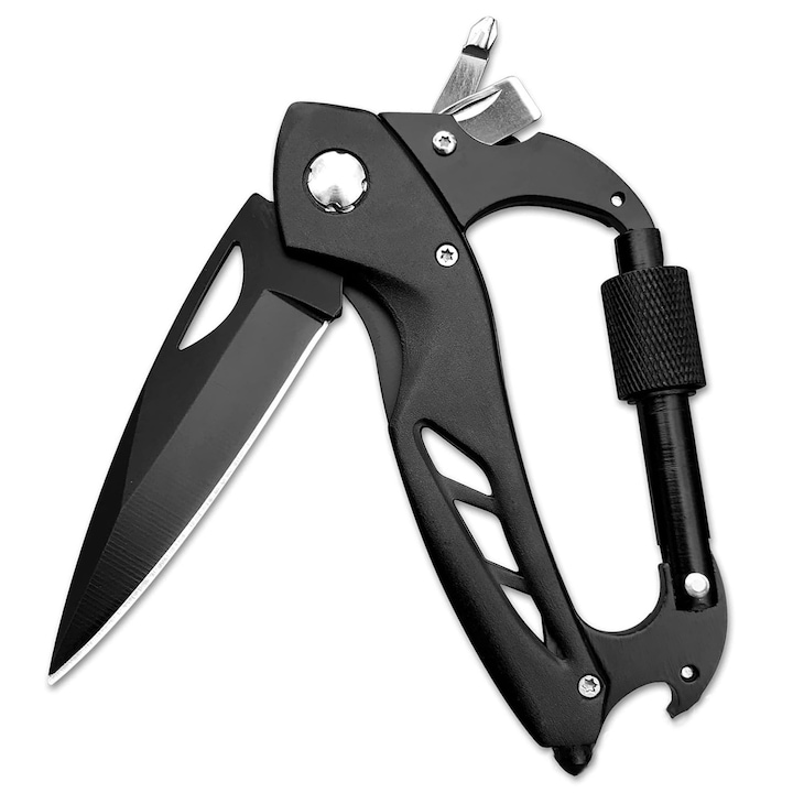 Többfunkciós összecsukható kés, EDC karabiner összecsukható késsel, sörnyitó, ablaktörő és csavarhúzó, kempingtúra túlélési felszerelés, Vaxiuja, fekete