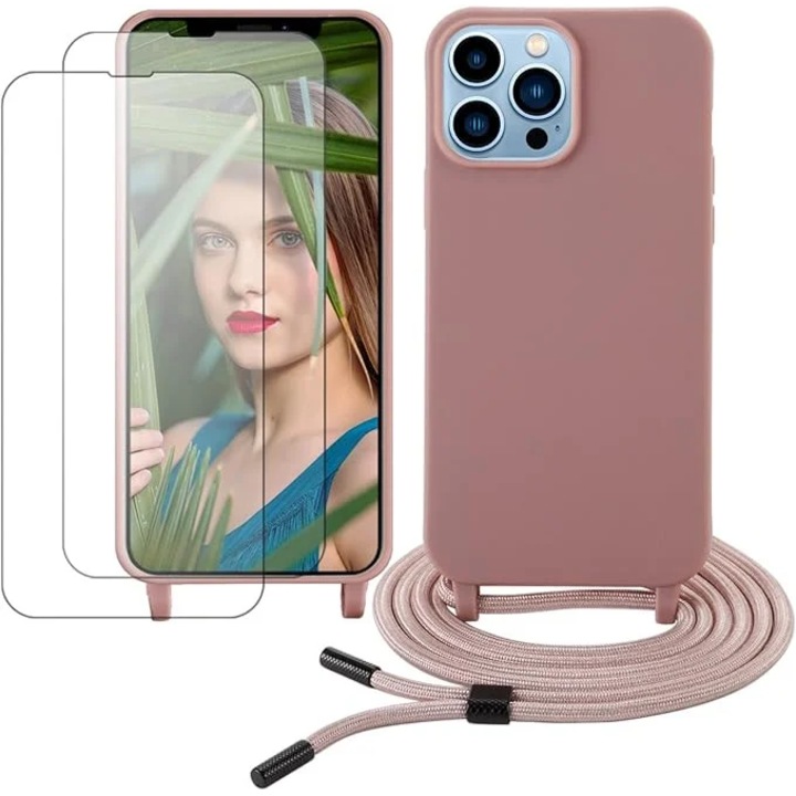 Кейс комплект с кабел и 2 стъклени фолиа за iPhone 13 PRO MAX, силикон/текстил, прозрачен/розов, 6.7 инча