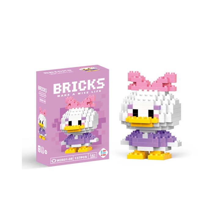 Детски конструктор, Bricks, висококачествен PVC материал, любими герои, ръчна употреба, модел DAISY DUCK, 6,2 см, 162 части, с ръководство за употреба, играчки тип MONTESORI, STEM, декоративен характер, несъвместим с други комплекти