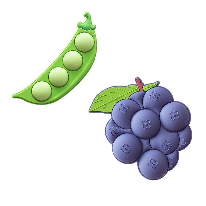 Dekoratív hűtőmágnes, 6,5x7 cm, borsó és áfonya, zöld és lila, 2 darabos szett