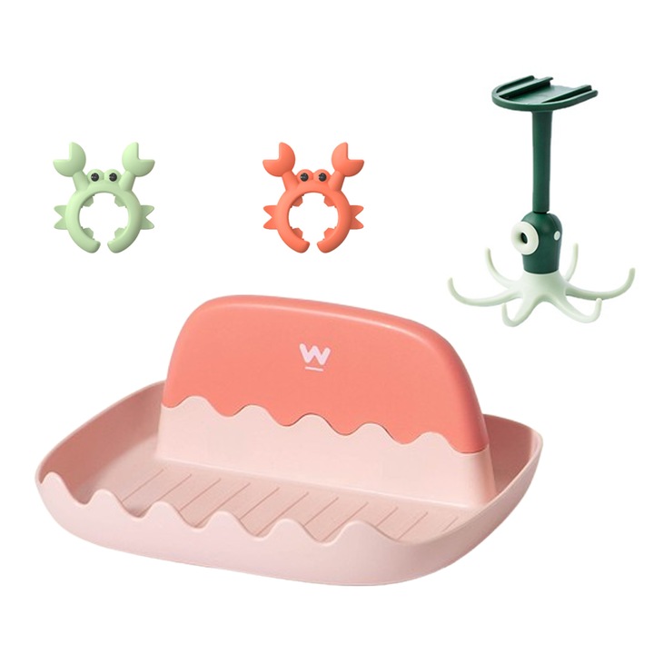 Set suporturi ustensile de bucatarie, spatule crab, suport capac, carlig rotativ, silicon rezistent la caldura, rosu/verde, dimensiuni 65x58cm, 17.2x7.8x15.5cm