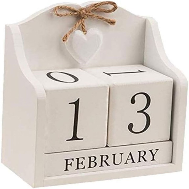 Calendar din lemn, AMRINUGL, reutilizabil, alb + lemn, 14.5x8x15cm