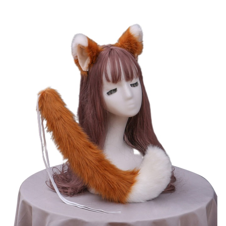 Róka jelmez, AMRINUGL, fül fejpánt, bolyhos farok 50 cm, teve / fehér