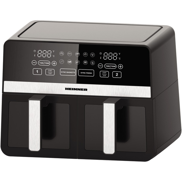 Фритюрник с горещ въздух Heinner SimCook HAF-K10DB24BK, Двоен, 2400W, Капацитет 9.5 л, Регулируем термостат с LED дисплей, Индивидуално цифрово управление, 10 предварително зададени програми, Таймер 60 минути със звуково предупреждение, Черен