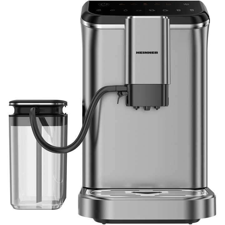 Кафеавтомат Heinner Genesis HEMA-D20DGREY, 1350W, 20 бара, Контейнер за мляко, Капацитет на резервоара за вода 1.5 л, Капацитет на отделението за зърна 190 гр, Сив