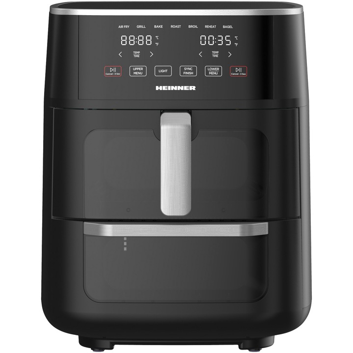 Фритюрник с горещ въздух Heinner OvenFry Cook HAFO-M11BK1700, Двоен, 1550-1850W, Капацитет 11 л, Електронен контролен панел, 10 предварително зададени програми, Максимално време за приготвяне 90 минути, Прозорец за наблюдение и вътрешно осветление, Черен