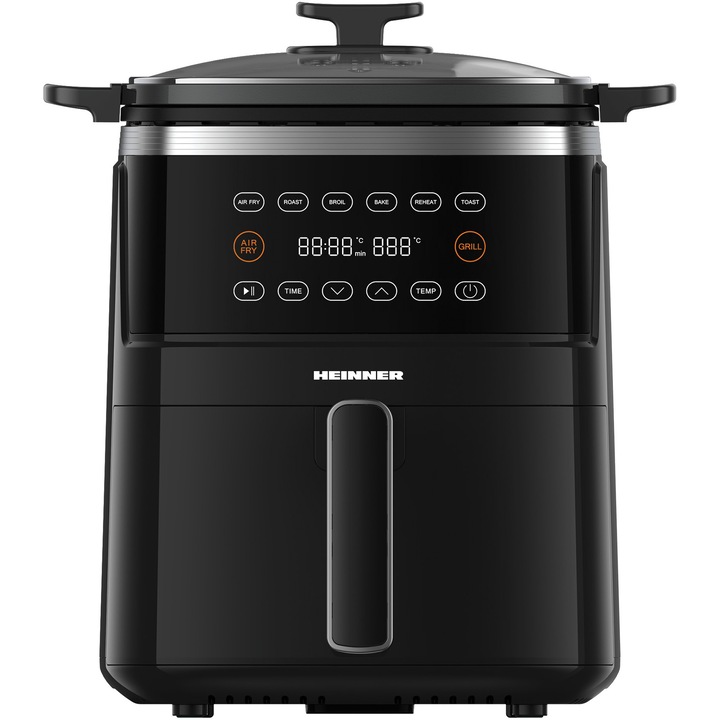Фритюрник с горещ въздух Heinner Fry&Grill HAFG-B5BK2600, 2600W, Капацитет 5 л, 6 предварително зададени програми, Електронен контролен панел, Максимално време за приготвяне: 60 минути, Черен