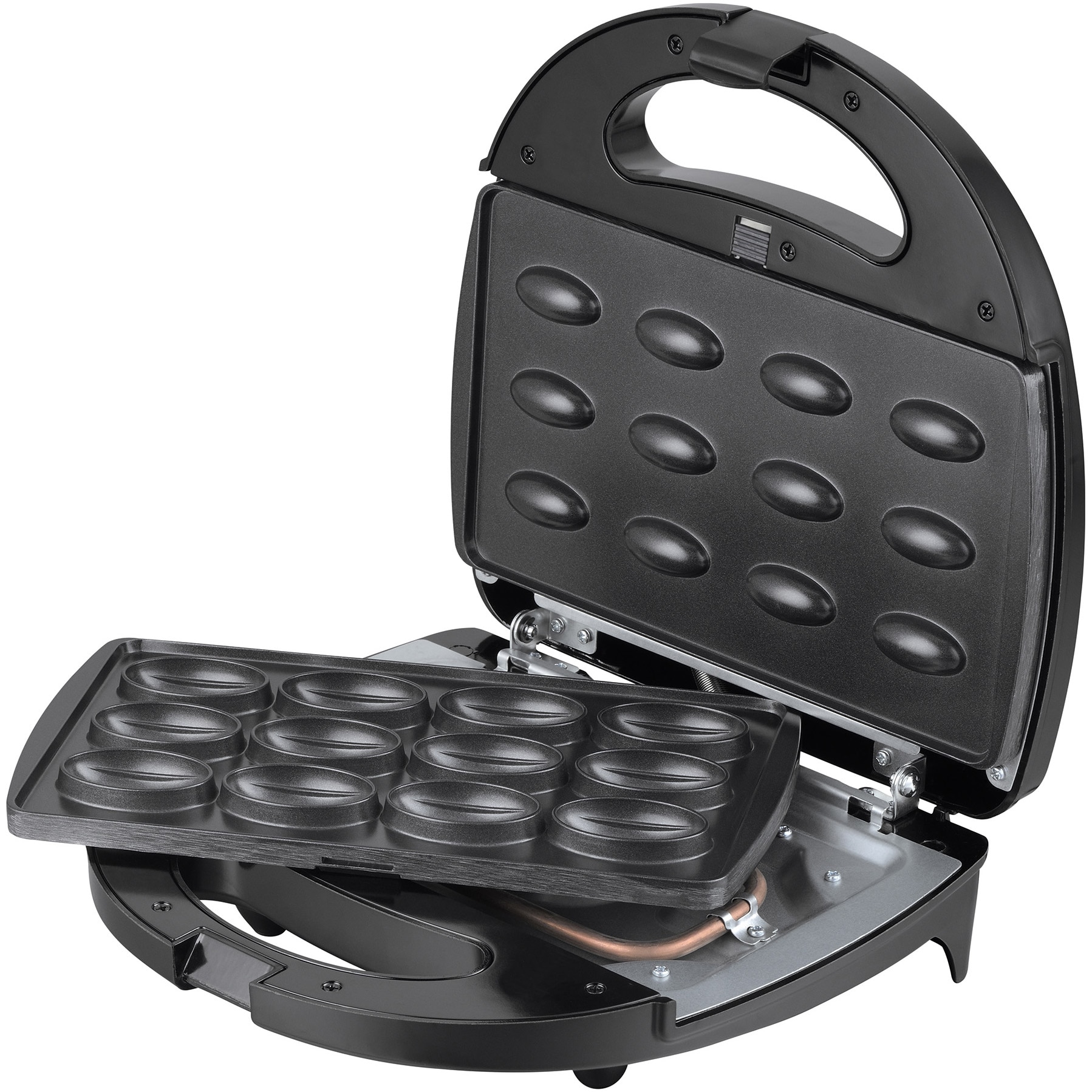 Aparat de facut nuci Heinner Dessert Supreme HNM-750BKS, 750W, capacitate 12 bucati, placi detasabile cu învelis neaderent, indicator luminos, manere termoizolate, Negru