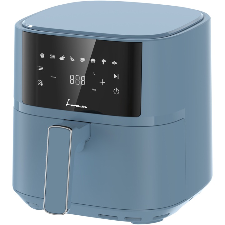 Фритюрник с горещ въздух Fram FAF-B6BL17SQ, 1700W-2200W, Капацитет 5.7 л, 8 предварително зададени програми, Електронен контролен панел, Максимално време за приготвяне 60 минути, Син