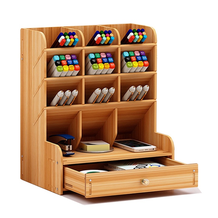 Organizator de birou AMRINUGL, bambus, 9 compartimente, 21x15x25.5cm, maro