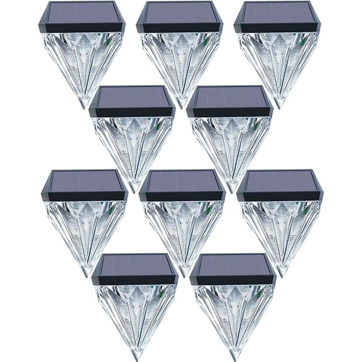 Set 10 x lampa de exterior cu incarcare solara NEXTLY, senzor de lumina, lumina calda, forma de diamant, ABS + policarbonat PG33, rezistenta la apa IP44, transparent negru