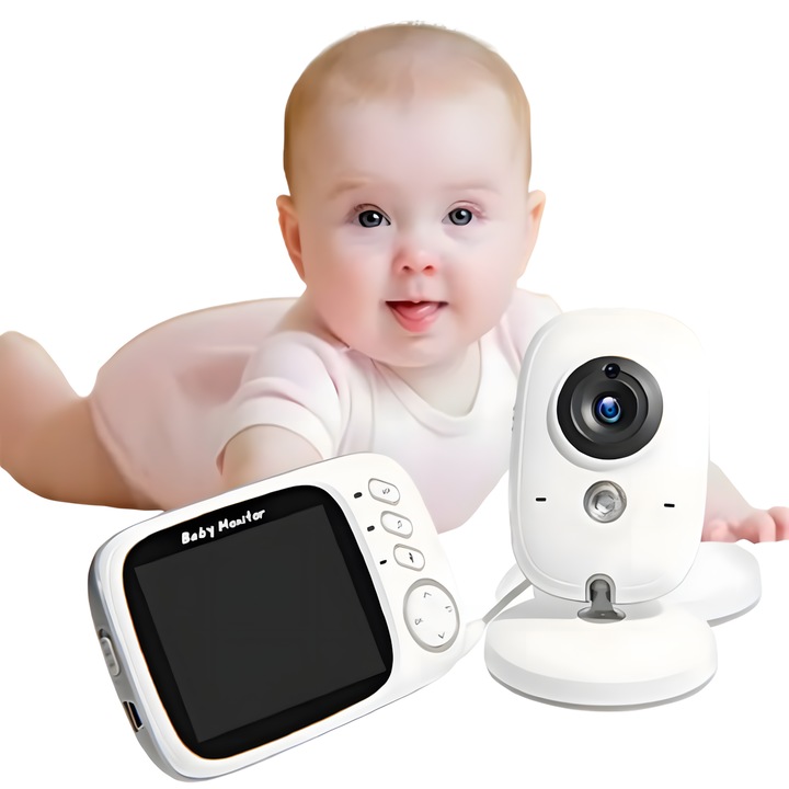 Baby Monitor Digital Butoarka®, Camera Audio-Video Wireless Pentru Supraveghere Bebe, Ecran HD 3.2 Inch LCD, VOX, BiDirectional, Senzor Sunet, Mod Vedere Nocturna Infrarosu, Monitorizare Temperatura, Cantece de Leagan, Alb