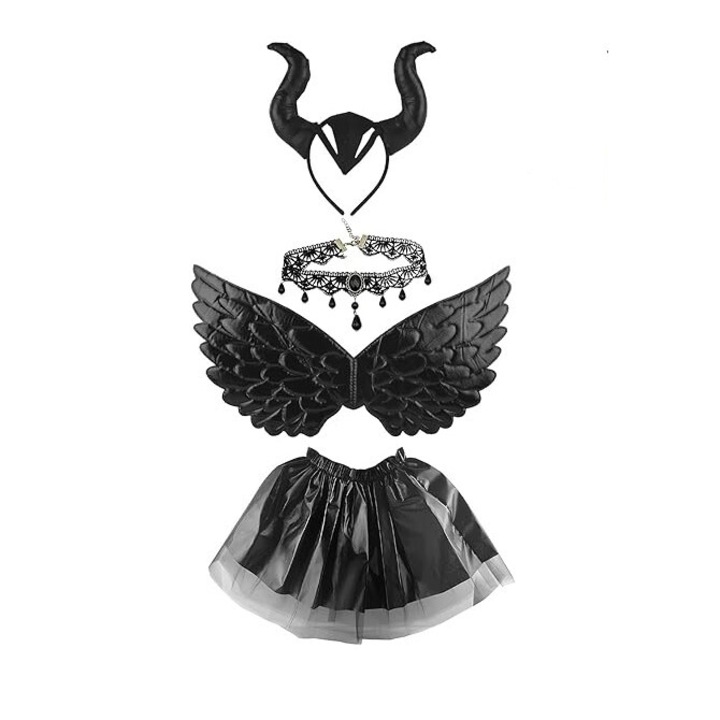Costum Devil Queen, Set coarne, colier, fusta, aripi si bagheta, 3-10 ani, Negru