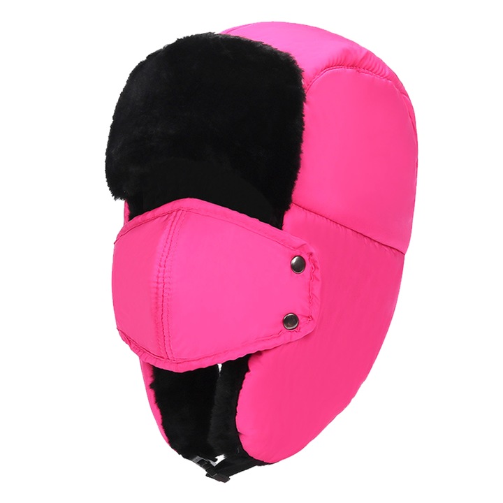 Caciula unisex cu urechi, AMRINUGL, roz, material calduros, impermeabil, dimensiune ajustabila