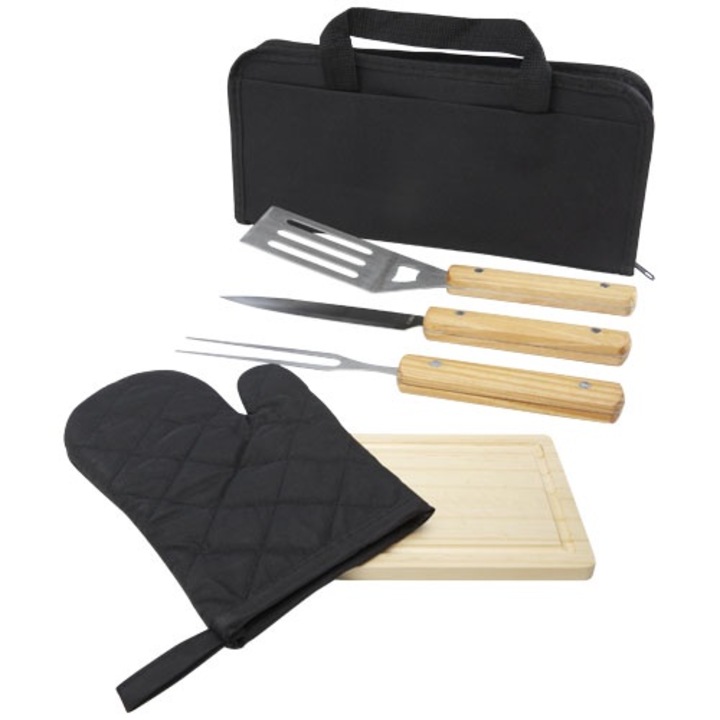 Set ustensile gratar, Grill-Gratar, 5 piese, Lemn, Geanta