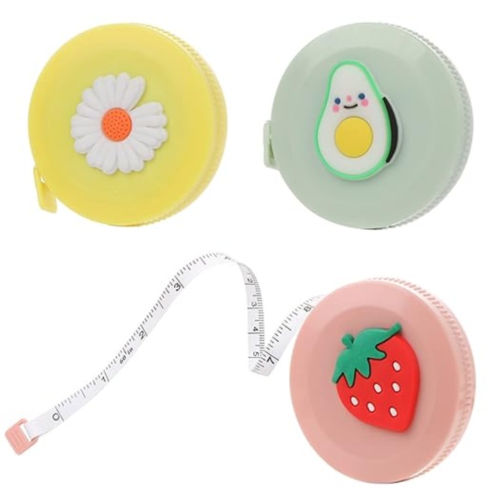 Set de 3 bucati cu banda moale portabila cu model de desene animate, 1,5 m, avocado/margareta/capsuni, Tioialz®, plastic, verde+galben+roz