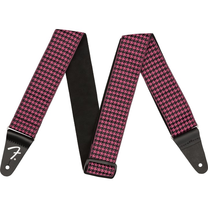 Колан за китара, Fender, Houndstooth, Ремък от полиестер, Регулируема дължина, Черно - розов цвят