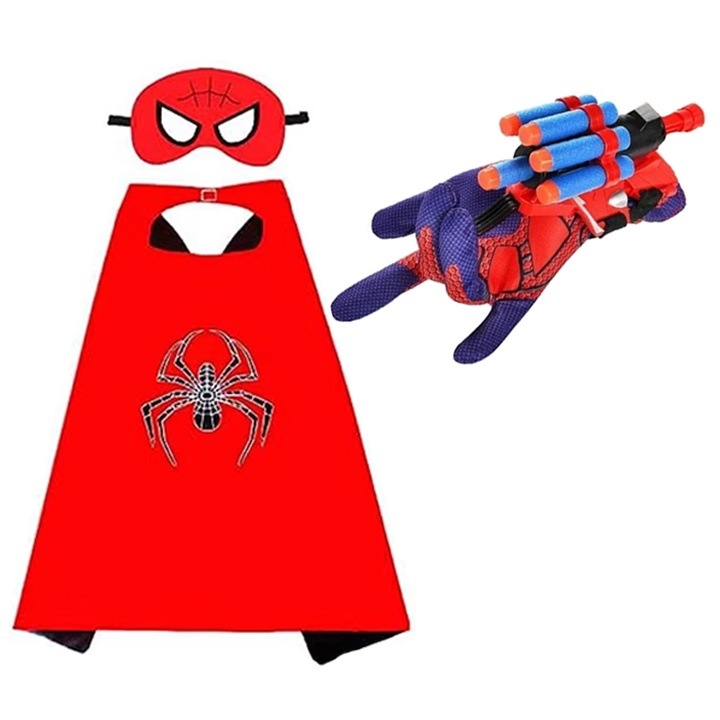 Set Costum Spider Man, 70x70cm, masca ajustabila, lansator burete, Rosu
