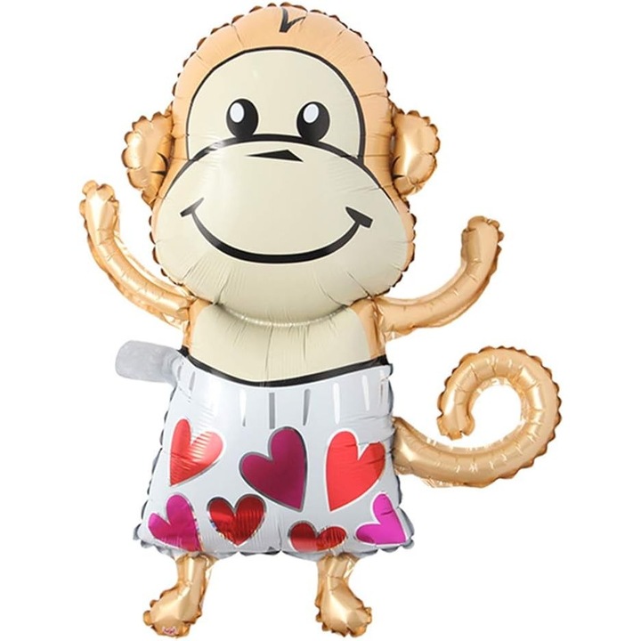 Балон от метално фолио, Flippy, мини фигурки на животни, модел на маймуна, тема за рожден ден, 45x28 см, индивидуална опаковка, включена сламка, надут с въздух или хелий, многоцветен