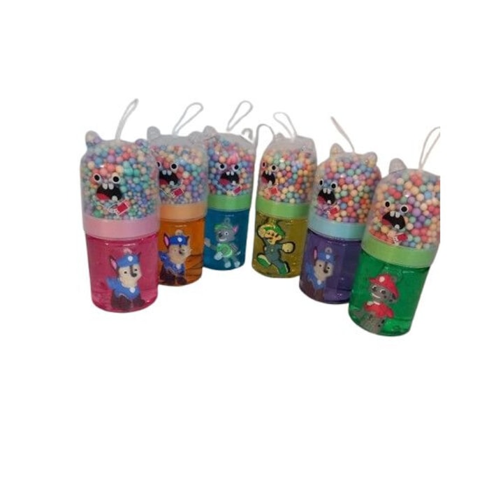 Set 6 jucarii interactive slime gelatina parfumata cu sclipici, bilute si figurine din desenele animate Patrula Catelusilor, multicolore